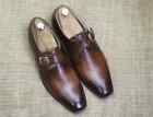 Handmade Burnished Brown Boots Genuine Leather Single Monk Strap Shoes For Men