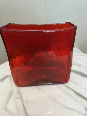Blenko Glass Ruby Red Rectangular Textured Vase - Image 1 of 4