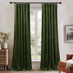 100% Blackout Green Curtains 96 inches Moss Green Velvet Curtain Panels Therm... - Foto 1 di 8