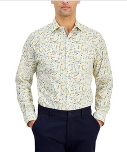 Bar III Mens Slim Fit Stretch Water Floral Dress Shirt White Apricot M 15-15.5 - Picture 1 of 6