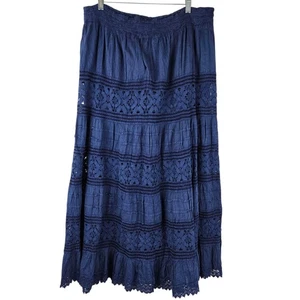 Bohemian Cafe Cotton Boho Skirt XL Navy Eyelet Tiered Crinkle Pesant Maxi Gypsy  - Picture 1 of 14