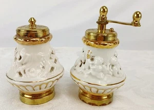 Vintage Italienisches Porzellan Messing Salzstreuer & Pfeffermühle Set Made in Italy - Bild 1 von 9