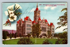 Cartolina d'epoca Salt Lake City UT-Utah, State Flower, City & County Building - Foto 1 di 2