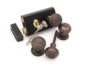 Traditional Old Victorian Black Rim Lock Sash Lock + Bronze Door Knobs Set (N) - Picture 1 of 9