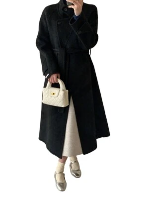 Abrigo de cachemir de doble cara, abrigo de lana cuello alto ceñido cintura mujer Foto 1 de 4