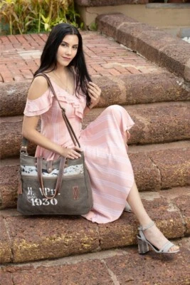 Myra Bag Handmade Classic Messenger Bag Upcycled Canvas & Cowhide Leather - Image 1 of 4