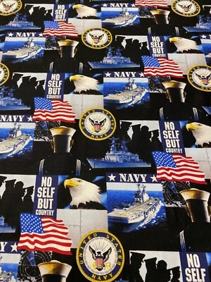 EE. UU. PALABRAS FAMOSAS ICONOS PATRIOTA SELLO LIBERTAD HONOR AZUL MARINO TELA DE ALGODÓN FQ Foto 1 de 3