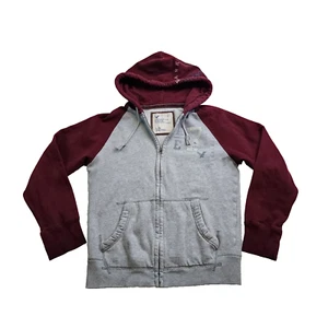 American Eagle Full Zip Hooded Sweatshirt Mens Lg Gray Burgundy Raglan Pockets - Picture 1 of 10