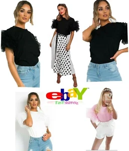Women Tulle Scoop Neck Frill Mesh Puff Short Sleeve Party T Shirt Top Size 8-26 - Picture 1 of 6