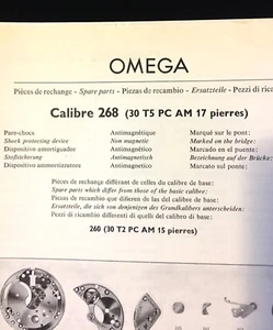 Guía de repuestos Omega vintage c. 1959 enumera todas las piezas de reloj Omega calibre 268 - Imagen 1 de 1