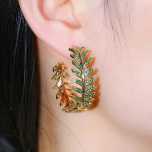 Hot Sale Lab Created Emerald & Diamond 14K Yellow Gold Plated Leaf Bent Earrings - Picture 1 of 5