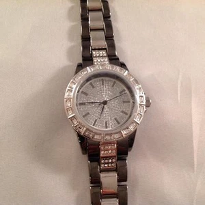 Adrienne Baguette Crystal Round Face with Gunmetal Ban Watch B8408 NEW - Picture 1 of 1