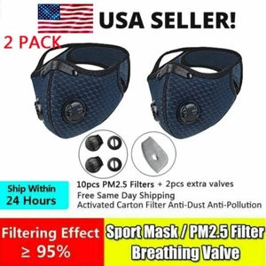 2pcs Reusable Face Mask Cycling W 10pcs Active Carbon Filters Breathing Valves - Picture 1 of 10
