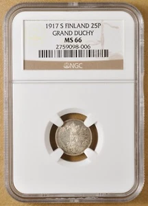 1917 S Finland 25 Pennia 'Grand Duchy' NGC MS66 - Picture 1 of 2