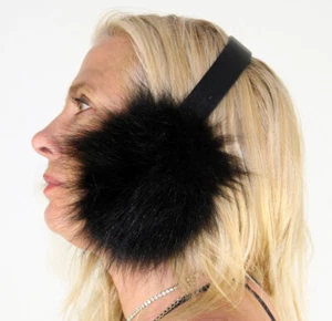 New Black Fox Fur Ear Muffs Leather Band Efurs4less - Picture 1 of 2