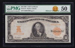 US 1907 $10 Gold Certificate Note Parker/Burke FR 1171 PMG 50 AU (309) - Picture 1 of 2