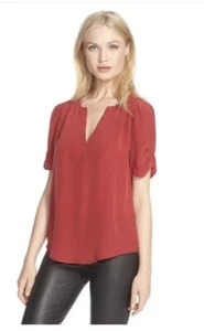 JOIE Amone Pleat Split Neck Silk Blouse Top in Rust Large $298 - Picture 1 of 3