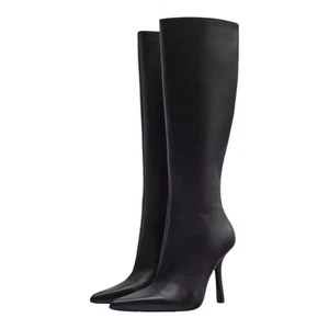 Zara Tall Black Leather Heeled Pointed Toe Boots NEW Sz EU 41 US 10 - Picture 1 of 7