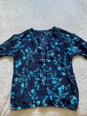 Gap Women Floral Sheer 3/4 Sleeve Henley Pleated Blouse Blue Size S - Image 1 of 4