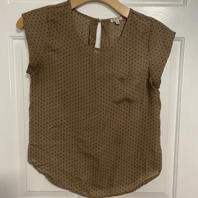 Lily White Brown w/Blue Polka Dots Short Sleeve Blouse Top Pocket Detail Size M - Image 1 of 4