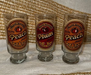VTG 3 Aunt Jenny's Fruit Jelly 6.5" Glasses Tumblers 2 Peach & 1 Plum - Picture 1 of 5