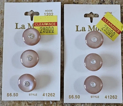 Six Vintage Brand New On Cards Pink & Rhinestone Buttons ~ #41262 ~ 5/8" 16mm - Image 1 of 3