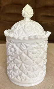 Tarro de galletas de bisquit de vidrio de leche blanco Fostoria Winburn de colección pesado como nuevo - Imagen 1 de 6