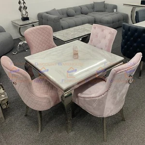 FurnitureDW 100cm Square White Marble Dining Table and 4 Chairs Ladies Pink Set - Picture 1 of 10
