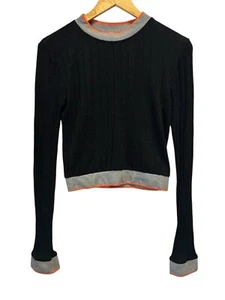 Intimate Free People schwarzer gerippter Cropped Pullover Intarsienbündchen Gr. M - Bild 1 von 5