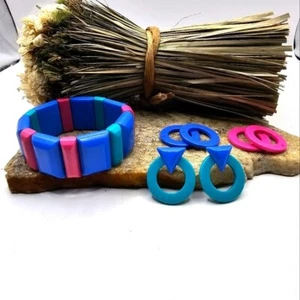 Avon 1986 Color Schemes Bracelet & Earring Set Pierced Stretch Convertible VTG - Picture 1 of 9