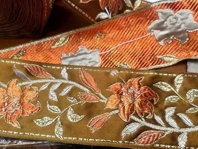 vintage jacquard flower  tufted 3 3/8" silk satin 1yd made in France - Image 1 of 4