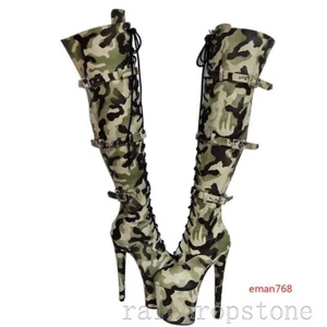 Womens Camouflage Over Knee Boots Lace Up High Heels Buckle Platform Sexy Shoes - Picture 1 of 12