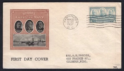 USA 1937 FDC Cover. Army Heroes. Sampson, Dewey, Schley - Image 1 of 2