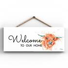 WELCOME HIGHLAND COW SANDI MOWER WATERCOLOUR ARTWORK PRINTED ON WOODEN PLAQUE