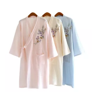 Ladies Cotton Waffle Bathrobe Lace Up Embroidered Floral Loose Kimono Robe Home - Picture 1 of 13