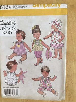 SIMPLICITY SEWING PATTERN 1813 VINTAGE BABY ROMPER, DRESS, TOP PANTS, HAT -  NEW - Image 1 of 4