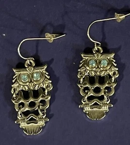 Silver Tone Owl Earrings Pastel Blue Rhinestone Eyes Dangly French Wire 1 1/8” - Picture 1 of 5