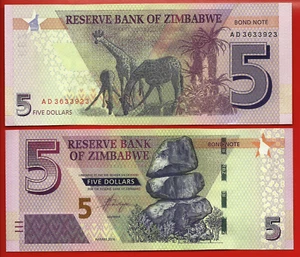 ZIMBABWE 5 DOLLAR BANKNOTE- 2016 P NEW-UNC BOND NOTE Banknote currency bill - Picture 1 of 1