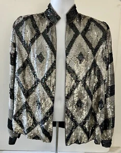 Vintage Judith Ann geometrischer Schimmer Pailletten offene Jacke Seide Indien Gr. M? - Bild 1 von 7