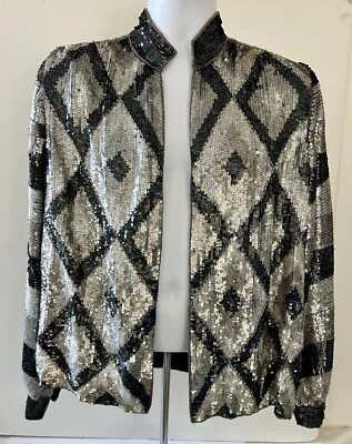 Chaqueta Abierta De Colección Judith Ann Geométrica Brillo Lentejuelas Seda India Talla M? Foto 1 de 4