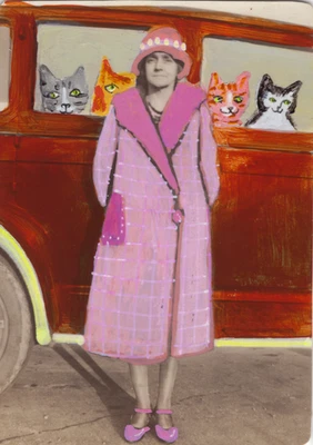 Original ACEO Folk ArtPainting – “Mobile Cat Lady” | Mixed Media 2.5" x 3.5" - image 1 of 3