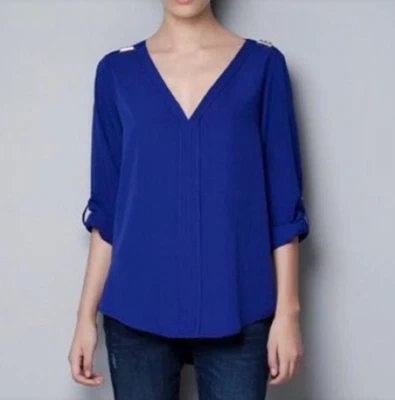 Zara Mujer Azul Hombro Tachonado XL Pestaña Enrollable Elastizada Gasa Informal Trabajo Carrera Foto 1 de 4