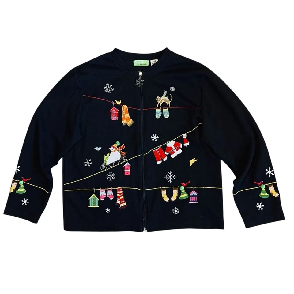 Suéter Onque Casuals Y2K Vintage Para Mujer’s L Bordado Navidad Gato Cremallera Completa Foto 1 de 4
