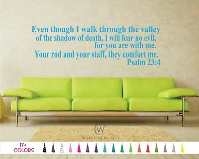 Calcomanía adhesiva de vinilo Salmo 23:4 Walk Through Valley Shadow Death Biblia cita de pared Foto 1 de 4
