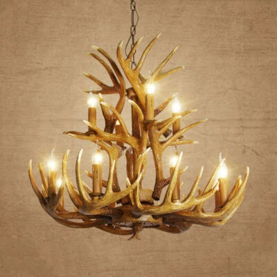 12 Lights Rustic Deer Horn Antler Chandelier Pendant Light Fixture Ceiling Lamp - Image 1 of 4