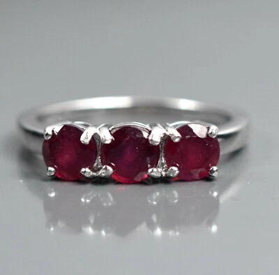  Natural July Birthstone Red Ruby Gemstone 925 Sterling Silver Three Stone Ring - Image 1 of 4