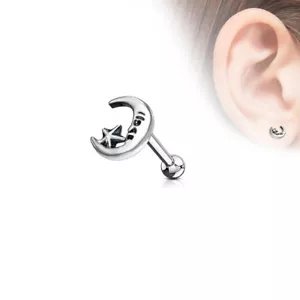Moon and Star Antique Silver Plated Surgical Steel Cartilage Barbell Stud 16G - Picture 1 of 1