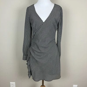 BB Dakota Dress Womens 4 Black White Striped Faux Wrap Mini Long Sleeve Ruffle - Picture 1 of 14