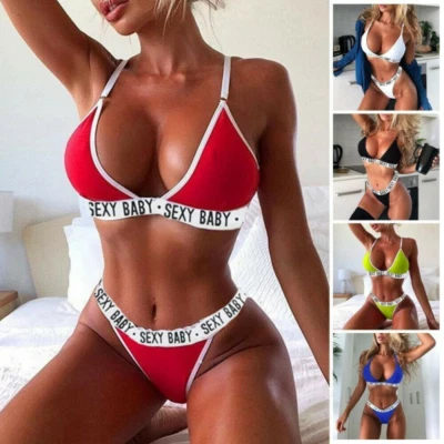 Bikini Bra Thong Set G-String Letter Print Lingerie Nightwear Sleepwear - Bild 1 von 4