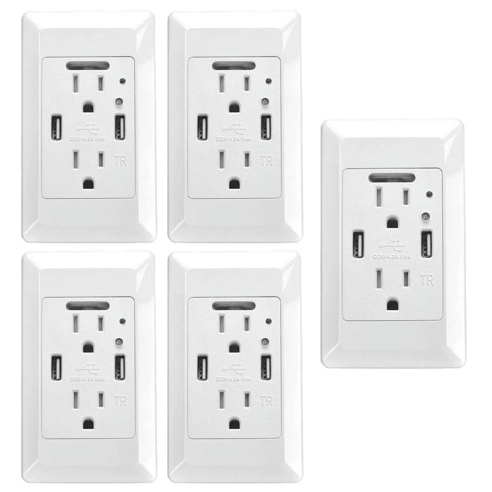 Toma de pared 4,2 A con puertos USB Luces LED Nocturnas Decora Receptáculo Dúplex Paquete de 5 Foto 1 de 4